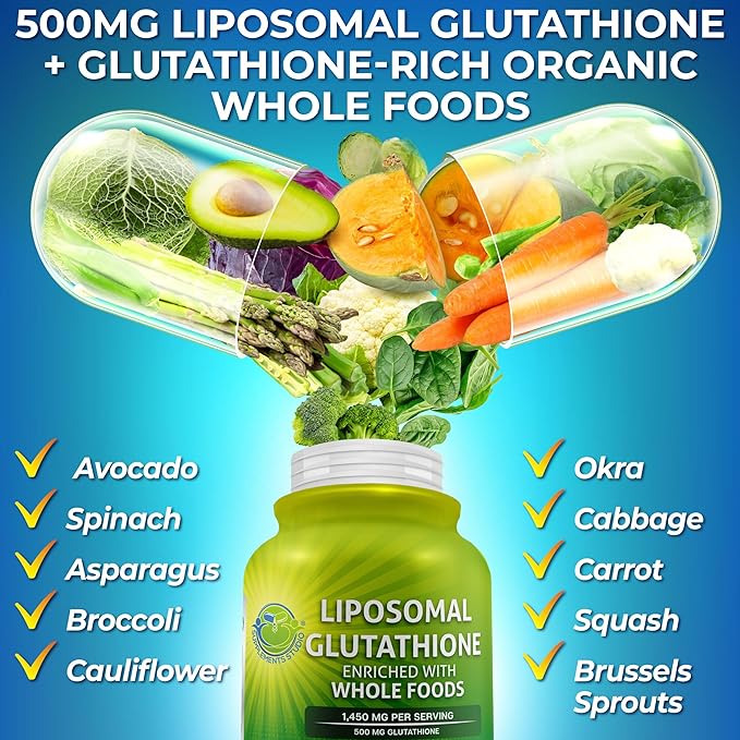 Liposomal Glutathione 500mg - Active Form L Glutathione (Reduced) for Maximum Absorption - Made with Organic Whole Foods - Master Antioxidant & Detoxifier - Immune & Cardiovascular Support - 120 count