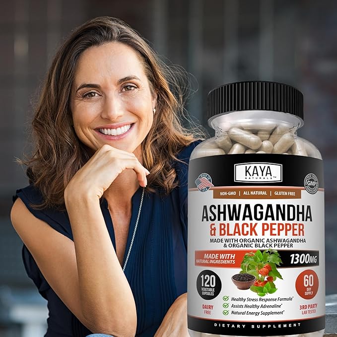 Kaya Naturals Organic Ashwagandha 1300mg, 120 Count Capsules for Stress Relief, Adrenal, Mood & Thyroid Support, Black Pepper and 100% Pure Ashwagandha -120 Capsules