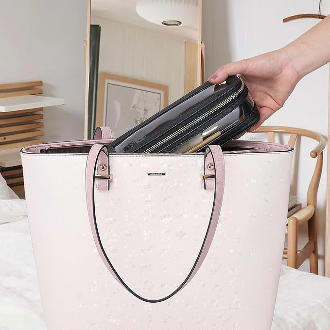 Travel Clear Makeup Bag with Brush Case TSA Approved Toiletry Bag Waterproof Cosmetic Organizer Car Essential for Women (Black, M+SLIM)