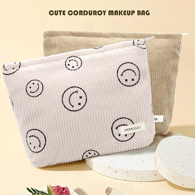 Corduroy Makeup Bag Cosmestic Bag Large Capacity Ladies Women Aesthetic Make Up Organizer Accessories Zipper Pouch Purse (Beige+Light Khaki)