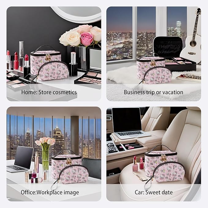 AmBealla Cosmetic Bag Large Makeup Bags Pink Travel Case with Makeup Brush Holder,2PCS Cosmetic Organizer for Women, Toiletry Storage Bag for Skincare & Beauty Tools Sweet Cute for Girls