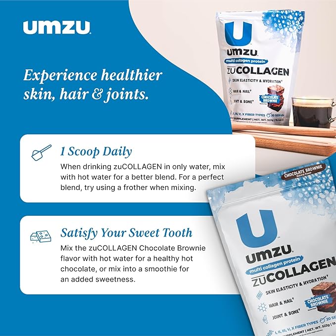 UMZU ZuCollagen Hydrolyzed Protein Powder | 5 Collagen Peptide Types for Healthy Hair, Skin, Nails, Joints & Gut | Low Calorie, High Protein (20g Protein per Serving | Chocolate)
