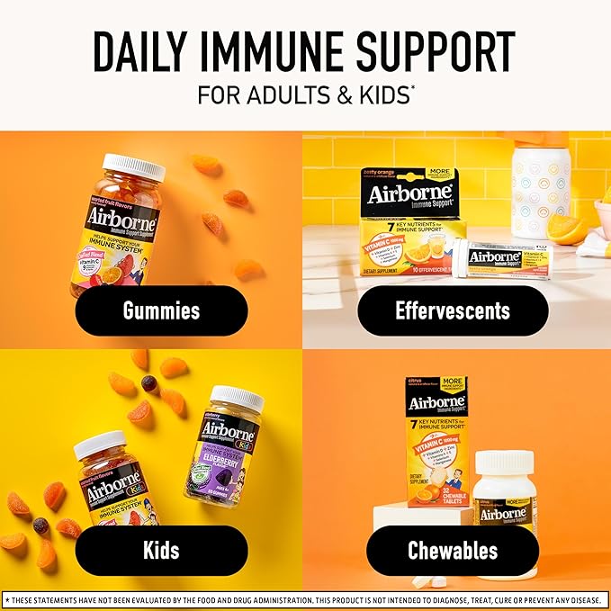 Airborne 1000mg Vitamin C with Zinc, SUGAR FREE Effervescent Tablets, Immune Support Supplement with Powerful Antioxidants Vitamins A C & E - 30 Fizzy Drink Tablets, Zesty Orange Flavor