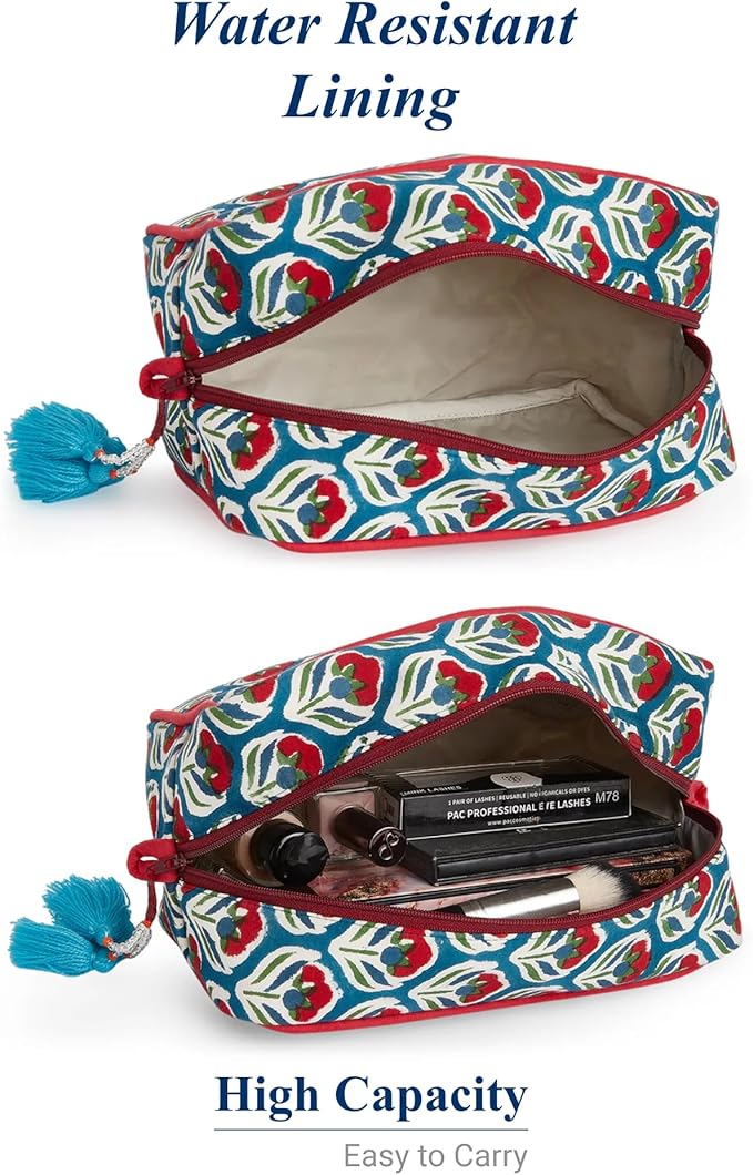 Huar Travel Makeup Bag- Large Capacity Cosmetic Bags for Women - Water Resistance Lining Portable Pouch & Open Toiletry Bag - Perfect Girls Makeup Organizer for Travel Essentials (White & Red Floral)