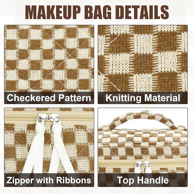 Quilted Makeup Bag Set, 3Pcs Large Checkered Corduroy Cosmetic Bags, Cute Coquette Makeup Bag Toiletry Zipper Pouch Bag for Women and Girls Checkered