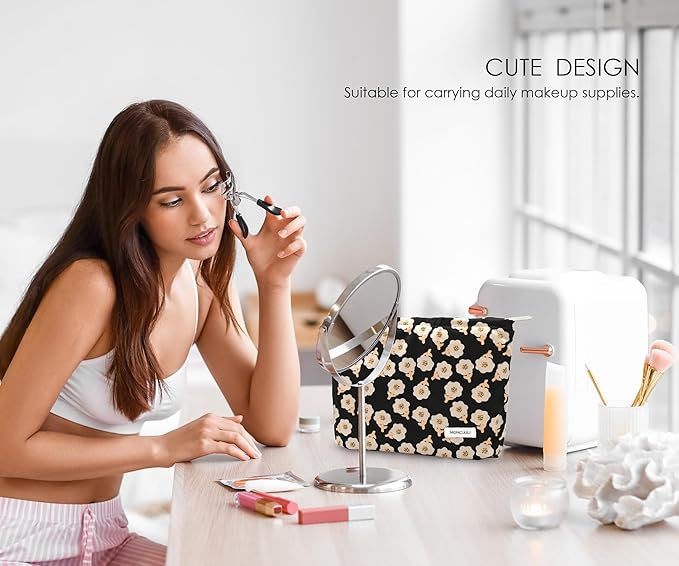 Corduroy Makeup Bag Cosmestic Bag Large Capacity Ladies Women Aesthetic Make Up Organizer Accessories Zipper Pouch Purse (Beige+Black Flowers)