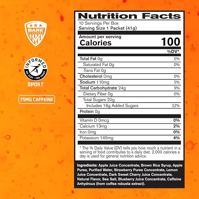 BARE PERFORMANCE NUTRITION, BPN Go Gel Endurance Gel Caffeinated, Vegan + Gluten Free Running Gel with 24g of Carbohydrates & 100 Calories per Gel Pack, 10 Single-Serving Gel Packs, Mixed Berry
