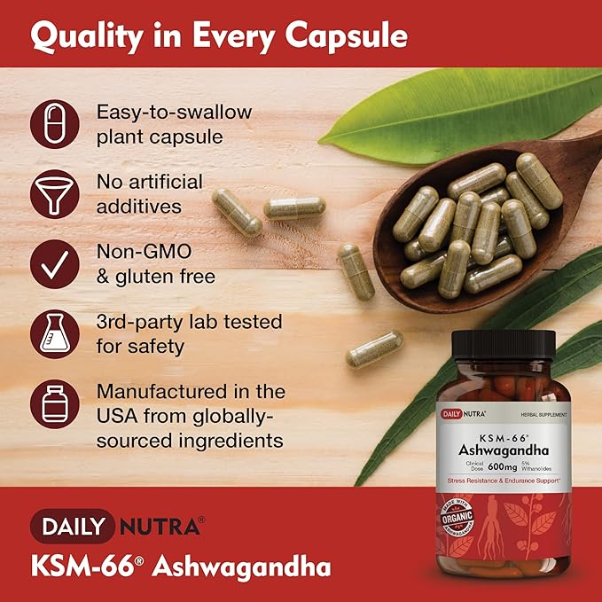 KSM-66 Ashwagandha 600mg Organic Root Extract - High Potency Supplement with 5% Withanolides | Relieves Tiredness, Supports Relaxation, Focus, Energy, & Muscle Growth (60 Capsules)