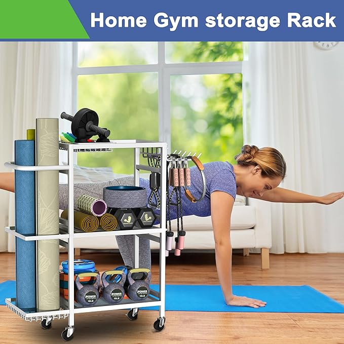 Home Gym Storage Rack, 3 Tier Yoga Mat Storage Rack with Wheel for Yoga Lover, Exercise Equipment and Workout Equipment Organizer, Yoga Mat Holder for Yoga Mats, Foam Roller and Dumbbells