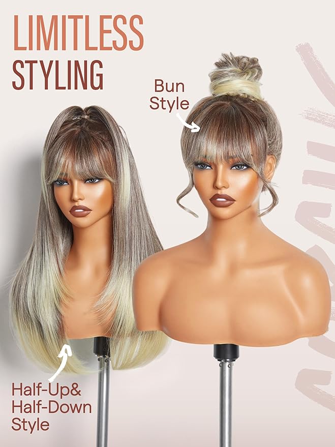 GORGIUS Straight Glueless Wig with Bangs Ash Brown to Blonde Layered Hair Ready-to-Go Synthetic Bang Wigs with Realistic Scalp 24 Inch