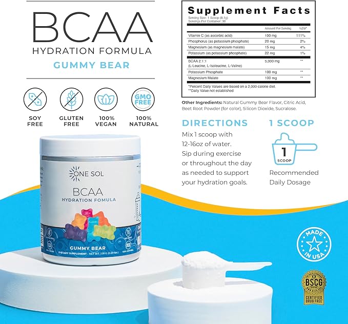 One Sol BCAA & Electrolyte Powder for Hydration & Energy, All-Natural Formula, 100% Vegan, Non-GMO, Gluten Free & Soy-Free, Promotes Muscle Growth & Recovery, Gummy Bear Flavor