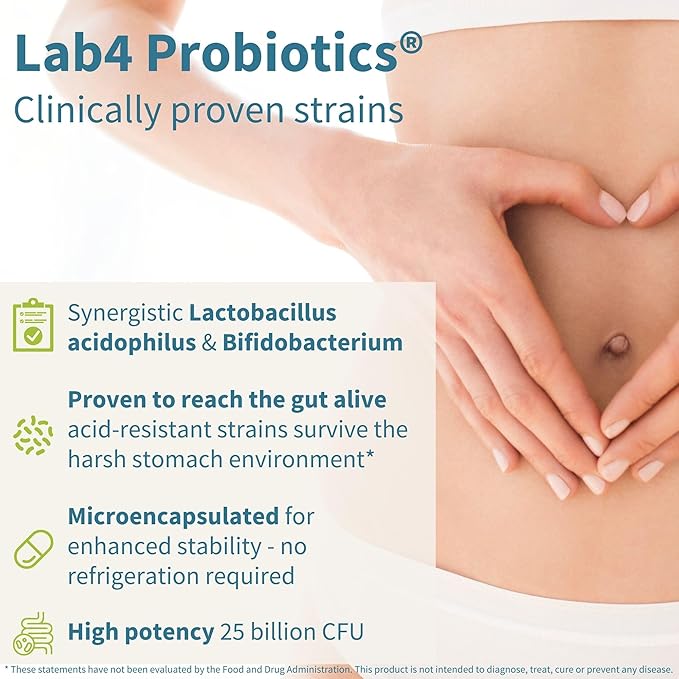 Live Cultures+ Lab4 Probiotics & Prebiotic, Lactobacillus Acidophilus & Bifidobacterium, Guaranteed 25 Billion CFU,Vegan, Non-Bloating Gut Health Support, Non-GMO, 6 x 30 Capsules, by Igennus
