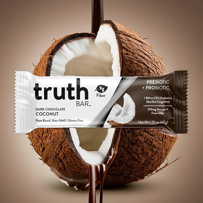 Truth Bar Prebiotic & Probiotic Keto Snack Vegan Bars with Omega-3's - Synbiotic High Fiber Snacks - Low Sugar, Kosher, Gluten Free - Dark Chocolate Coconut (Pack of 12)
