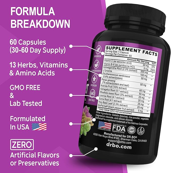 Adrenal Support Cortisol Manager Supplement - Adrenal Fatigue Supplements for Women & Men with Natural Adaptogen Ashwagandha Holy Basil Rhodiola L Tyrosine Complex Adrenal Cortisol Health - 60 Pills