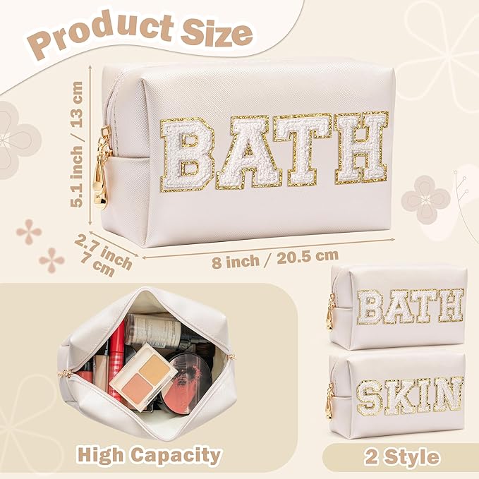 CY2SIDE SKIN Letter Makeup Bag - 2PCS SKIN and BATH Chenille Letter Patch Cosmetic Bag Preppy PU Leather Patch Pouch Waterproof Portable Zipper Travel Organizer Case Christmas Gifts for Women Girls