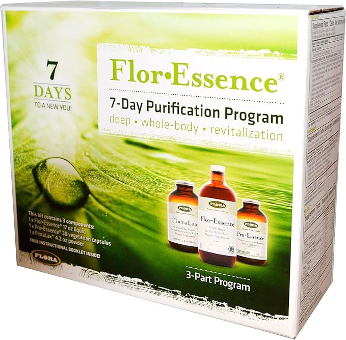 Flora - Flor-Essence 7-Day, 3-Step Kit for Full Body Detox & Cleanse, Detox Kit Contains Detox Tea, ProEssence for Urinary Health and FloraLax Laxative, Plant-Based, Gluten Free, Non GMO