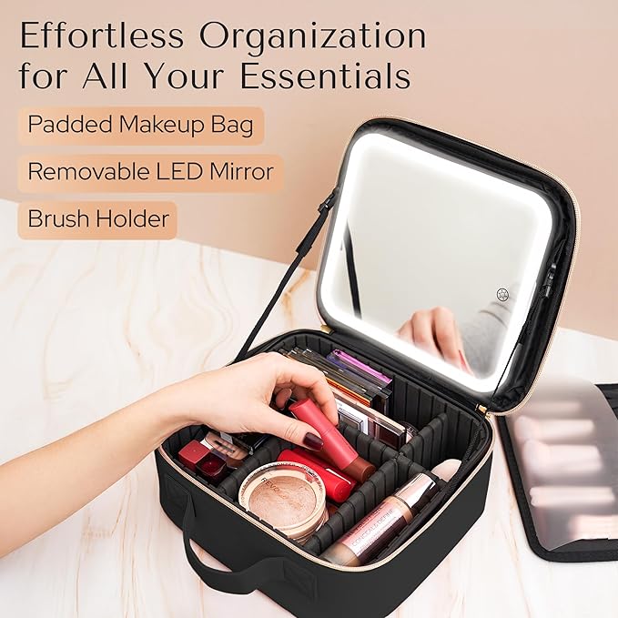 Makeup Bag with LED Mirror – Travel Cosmetic Organizer with Lighted Mirror, Adjustable Dividers & Brush Holder Storage – Portable PU Leather Makeup Case for Women & Girls - Black