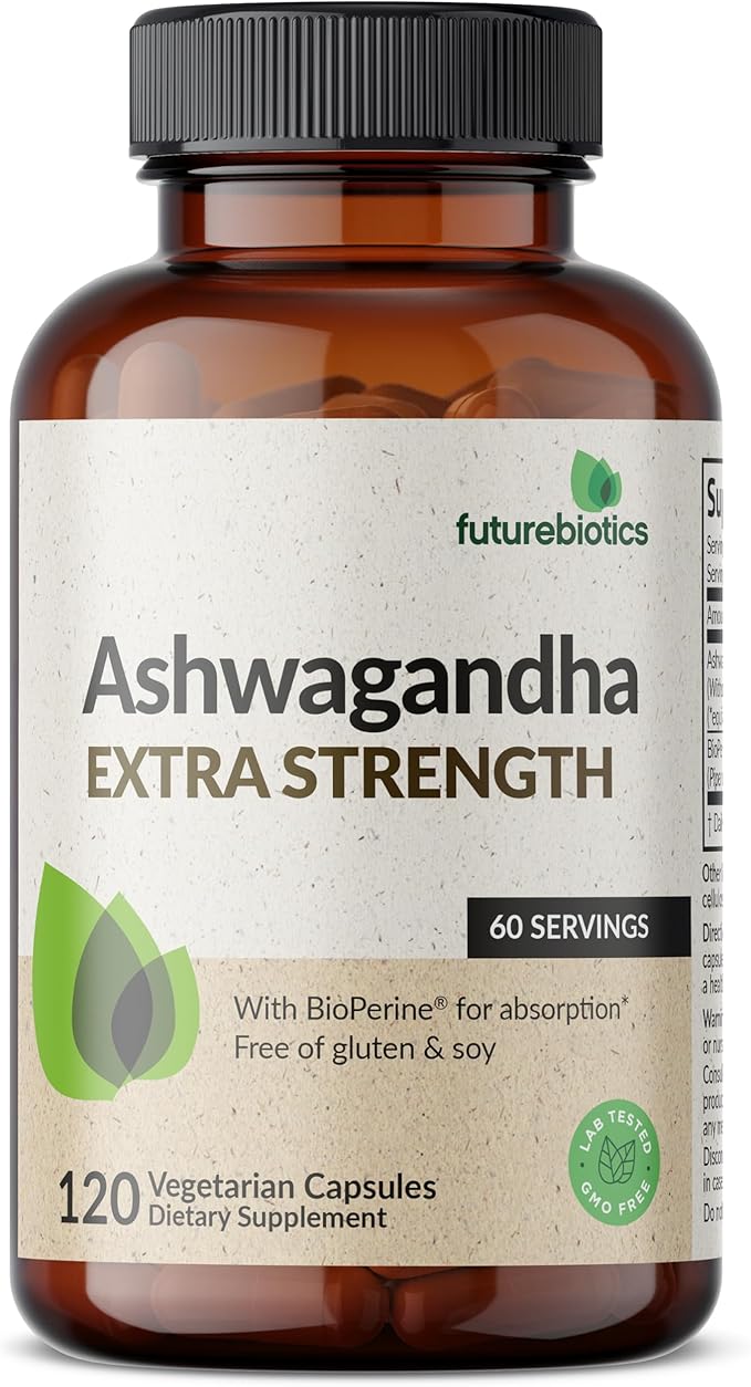 Futurebiotics Ashwagandha Extra Strength Stress & Mood Support with BioPerine - Non GMO Formula, 120 Vegetarian Capsules