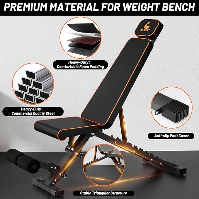 SPORTIC Adjustable Weight Bench - 880LBs Workout Bench