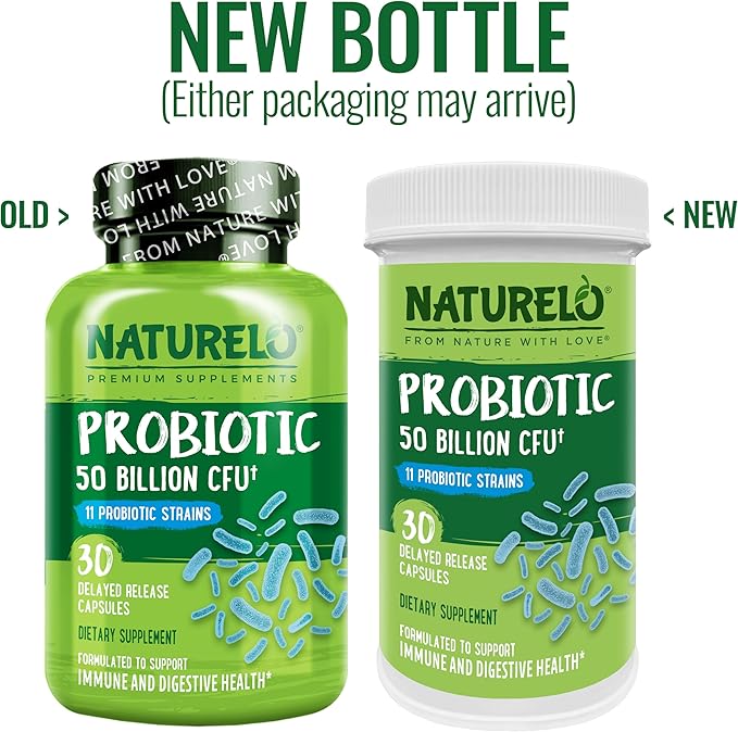 NATURELO Probiotics for Digestive Health - 50 Billion CFU, 11 Strains Daily Supplement - Boosts Immune System, Delayed Release, 30 Vegetarian Capsules