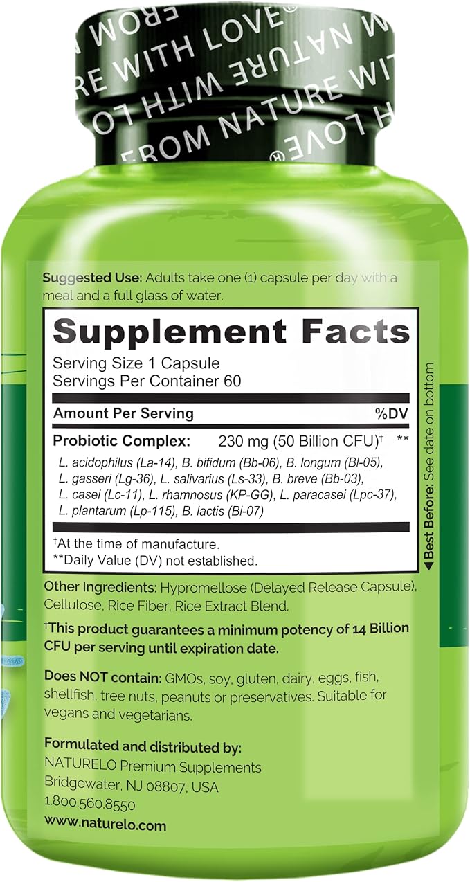 NATURELO Probiotics for Digestive Health - 50 Billion CFU, 11 Strains, Daily Use Supplement - Boosts Immune System, Delayed Release, No-Fridge, 60 Vegetarian Capsules (2 Pack)