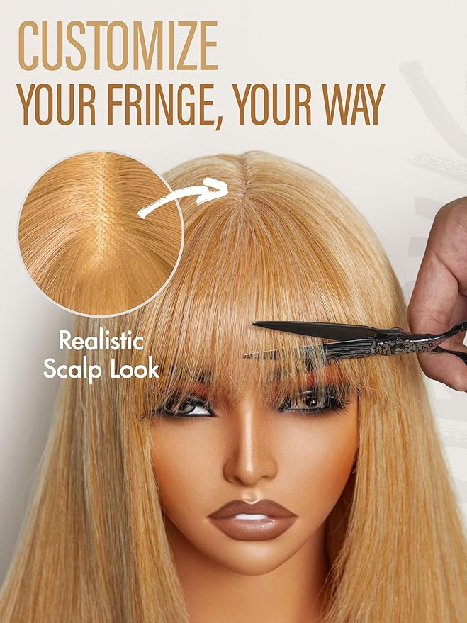 GORGIUS Straight Glueless Wig with Bangs Golden Blonde Layered Hair Ready-to-Go Synthetic Bang Wigs with Realistic Scalp 24 Inch