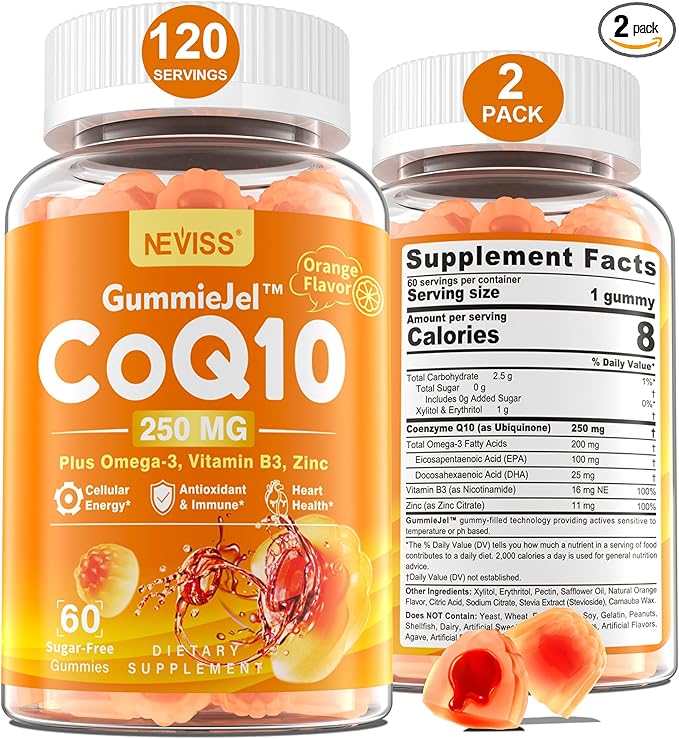 Sugar-Free CoQ10-250mg Filled Gummies - 4 Months Supply - Plus Omega-3, Vitamin B3 & Zinc, High Absorption Coenzyme Q10 Supplements for Heart Health, Cellular Energy & Antioxidant Support, 2-Pack