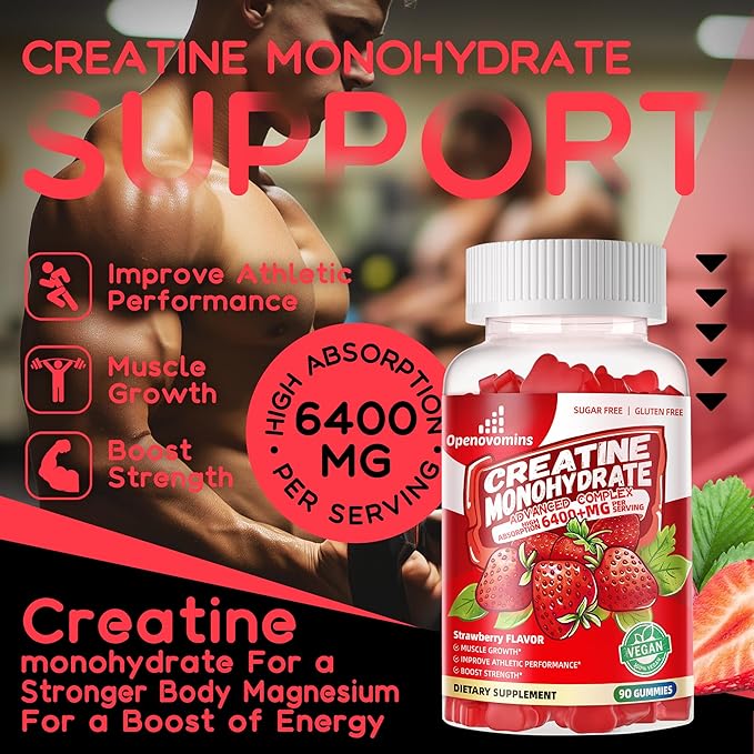 Creatine Monohydrate Gummies Complex 6400mg for Men & Women -Advanced Formula W/L-Taurine + Vitamin B12, Sugar Free Chewable Supplement,90 Strawberry Gummies