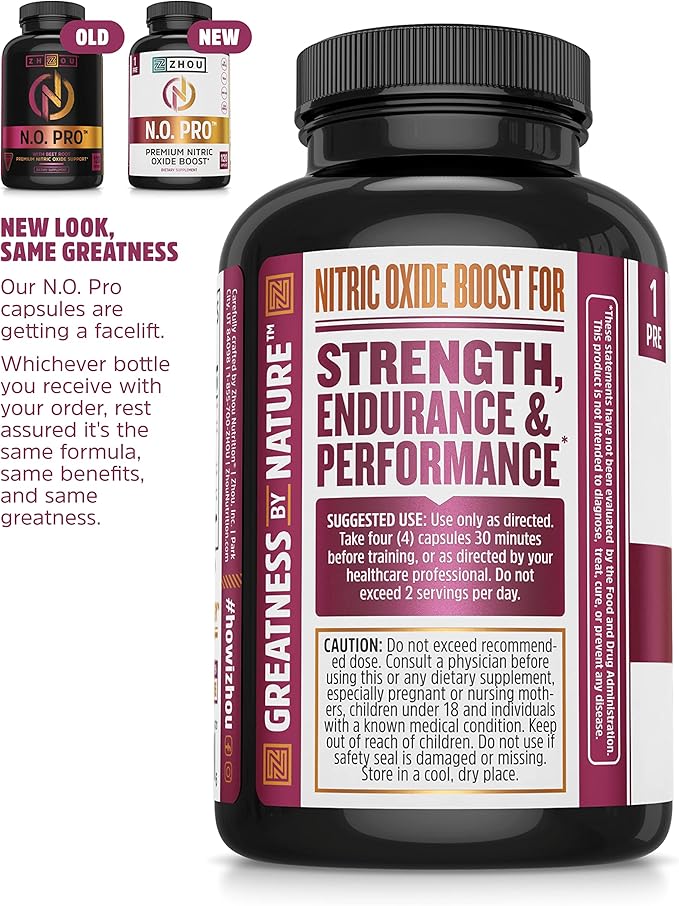 Zhou Nitric Oxide with L Arginine, Citrulline Malate, AAKG and Beet Root | Powerful N.O. Booster and Muscle Builder for Strength, Blood Flow and Endurance | 30 Servings, 120 Veggie Caps
