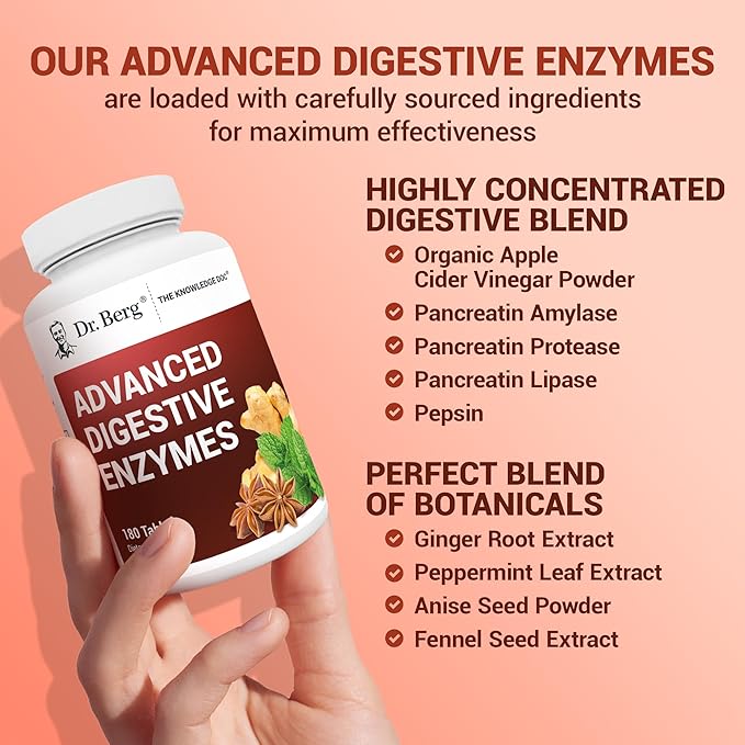 Dr. Berg Advanced Digestive Enzymes with Apple Cider Vinegar - Includes Digestive Health Ingredients Like Betaine Hydrochloride (HCI), Ginger Root & Peppermint Leaf - 180 Tablets