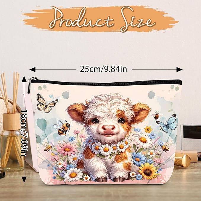 Highland Cow Gifts Makeup Bag - Floral Butterfly Highland Cow Cosmetic Bag with Zipper, Adorable Western Gifts for Cattle Farm Animal Lovers, Christmas Birthday Present for Friends Families
