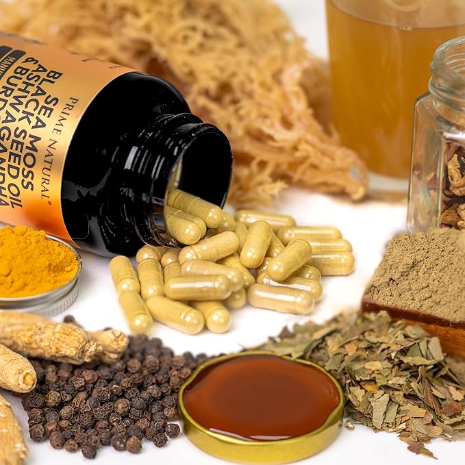 Sea Moss 3000mg Black Seed Oil 2000mg Ashwagandha 1000mg Turmeric 1000mg Bladderwrack 1000mg Burdock 1000mg Manuka Honey Dandelion ACV - 120 Capsules | 60 Days Supply | Vegan