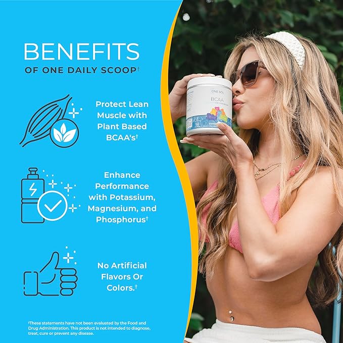 One Sol BCAA & Electrolyte Powder for Hydration & Energy, All-Natural Formula, 100% Vegan, Non-GMO, Gluten Free & Soy-Free, Promotes Muscle Growth & Recovery, Gummy Bear Flavor