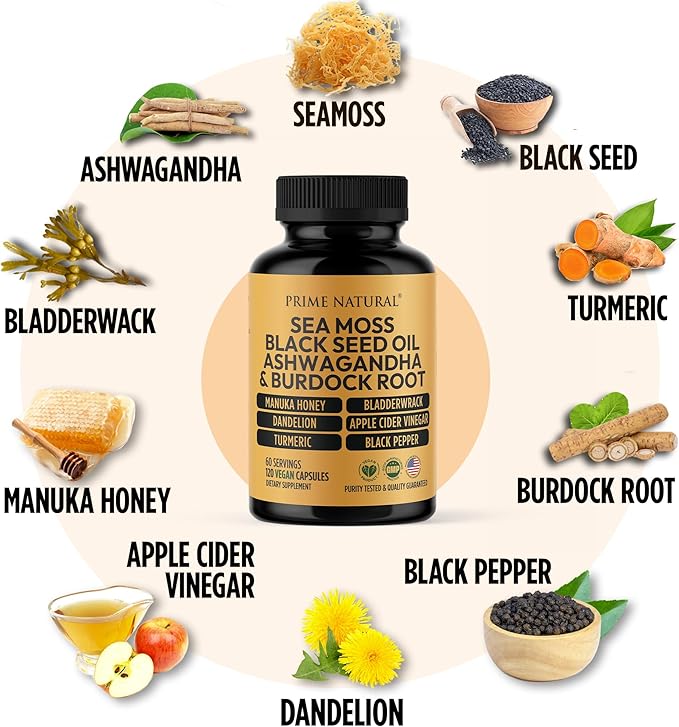 Sea Moss 3000mg Black Seed Oil 2000mg Ashwagandha 1000mg Turmeric 1000mg Bladderwrack 1000mg Burdock 1000mg Manuka Honey Dandelion ACV - 120 Capsules | 60 Days Supply | Vegan
