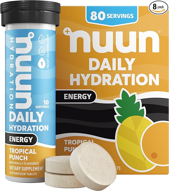 Nuun Hydration Energy Electrolyte Tablets with Caffeine, B Vitamins and Ginseng, Tropical Punch, 5 Essential Electrolytes for Hydration, Vegan, Non-GMO, 8 Pack (80 Servings)