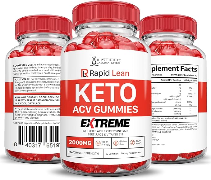 Rapid Lean Keto ACV Gummies Extreme 2000MG Rapid Lean Keto Gummies Apple Cider Vinegar Formulated with Pomegranate Beet Juice Powder B12 Vegan Non GMO 60 Gummys
