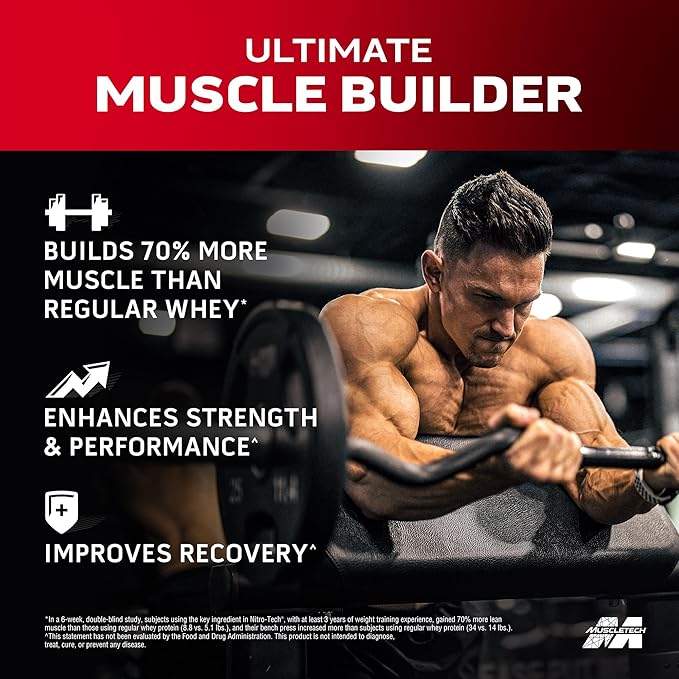 Muscletech Whey Protein Powder (Milk Chocolate, 2.2 Pound) - Nitro-Tech Muscle Building Formula with Whey Protein Isolate & Peptides - 30g of Protein, 3g of Creatine & 6.6g of BCAA