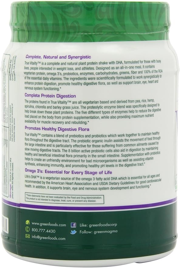 Green Foods True Vitality Plant Protein Shake, Vanilla, 25.2 Ounce (Pack of 2)