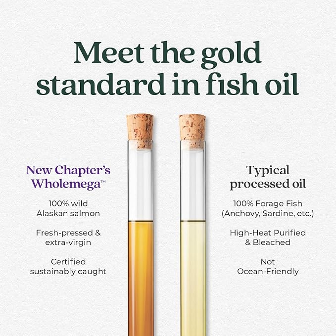 New Chapter Wholemega Fish Oil Supplement - Wild Alaskan Salmon Oil with Omega-3 + Vitamin D3 + Astaxanthin + Sustainably Caught - 120 ct, 1000mg Softgels