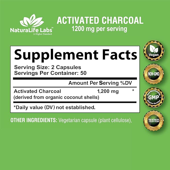 Activated Charcoal Capsules - 1,200 mg Highly Absorbent Helps Alleviate Gas & Bloating Promotes Natural detoxification Derived from Coconut Shells - per Serving - 100 Vegan Capsules