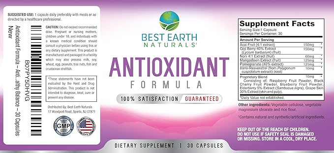 Best Earth Naturals Antioxidant Supplement with Pomegranate, Mangosteen, Goji Berry Capsules for Immune Support - 30 Day Supply