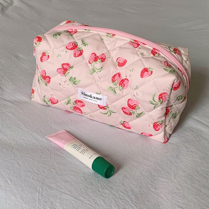 Cotton Quilted Makeup Bag, Cute Aesthetic Strawberry Pencil Case Pouch Toiletry Bag Cosmetic Bag Brush Organize for Girls Women,Strawberry me Up