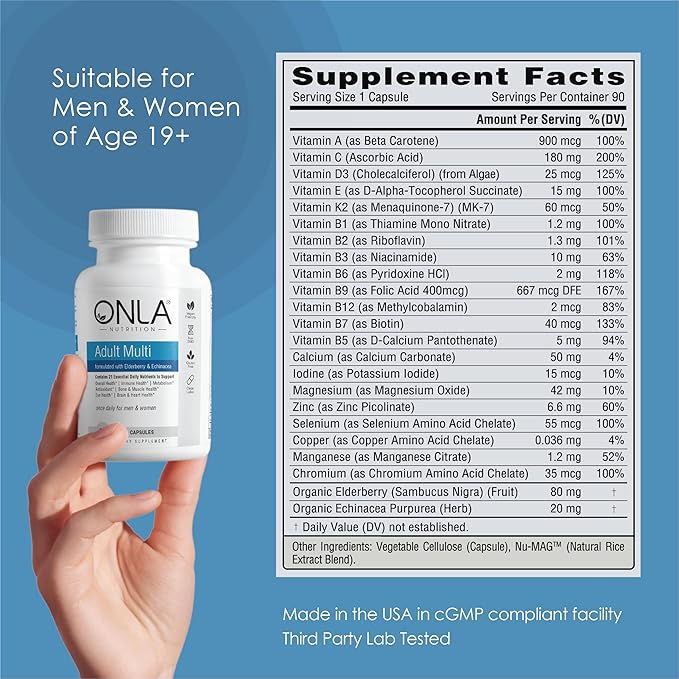 ONLA Elderberry Supplements for Women 80mg - Vegan Multivitamins for Immune Support with Echinacea 20mg, Zinc, Vitamin A,C, D3, & B6 - Non-GMO, Gluten-Free Daily Capsules- 3 Month Supply-Made in USA