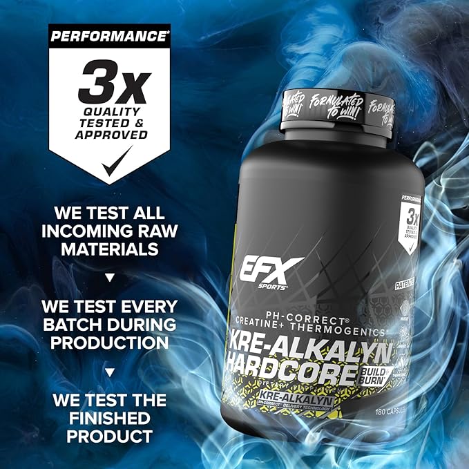 EFX Sports Kre-Alkalyn Hardcore | Thermogenic pH Correct Creatine Monohydrate Pill Supplement | Energy & Strength Pre Workout | 60 Servings, 180 Capsules