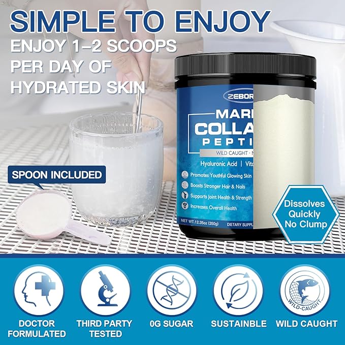ZEBORA Marine Collagen Peptides Powder with Hyaluronic Acid, Keratin - Wild Caught Hydrolyzed Fish Collagen with Multivitamins - Support Skin Hair Nail Joints, Keto Friendly, 35 Servings