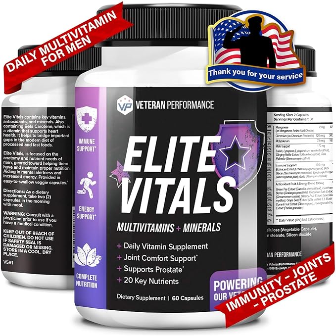 Elite Vitals Multivitamin for Men โ Daily Mens Multivitamins Ages Over 20 Plus โ Prostrate Energy Immune Joint Support โ Daily Mens Vitamins and Minerals (60 Capsules)