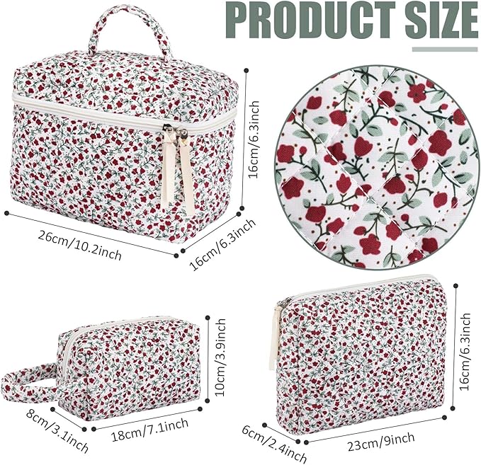 Paterr 3 Pieces Cotton Quilted Makeup Bag Set Coquette Cosmetic Bag Aesthetic Travel Toiletry pouch Cute Pouch Kawaii Aesthetic for Women(Red,Red Floral)