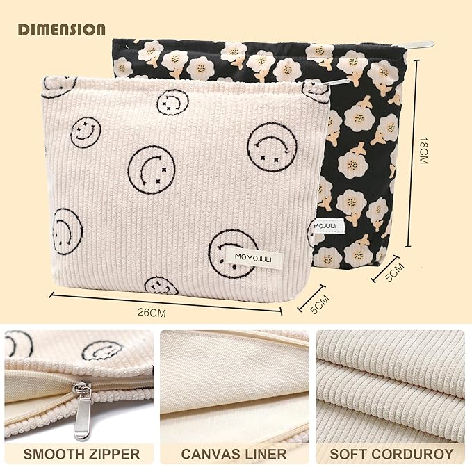 Corduroy Makeup Bag Cosmestic Bag Large Capacity Ladies Women Aesthetic Make Up Organizer Accessories Zipper Pouch Purse (Beige+Black Flowers)