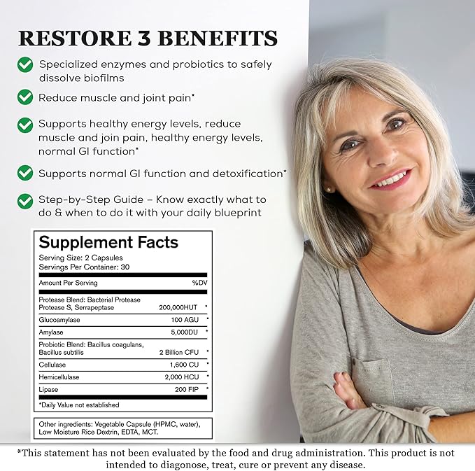 Restore 3 Proteolytic Enzyme & Spore Probiotic Blend Supplement - 180 Capsules - Advanced Biofilm Disruption Aid - Support GI Health, Fibromyalgia, Gut Flora, Muscle & Joint Support
