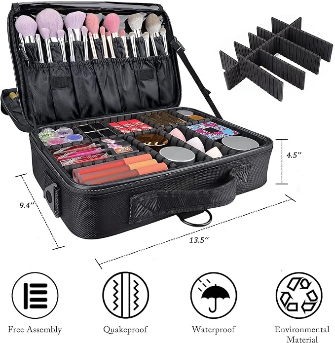 JOURMON Travel Makeup Case 3 Layers Makeup Train Case Portable Makeup Bag Organizer Portable Artist Storage Bag with Adjustable Dividers and Shoulder Strap(Black, M)